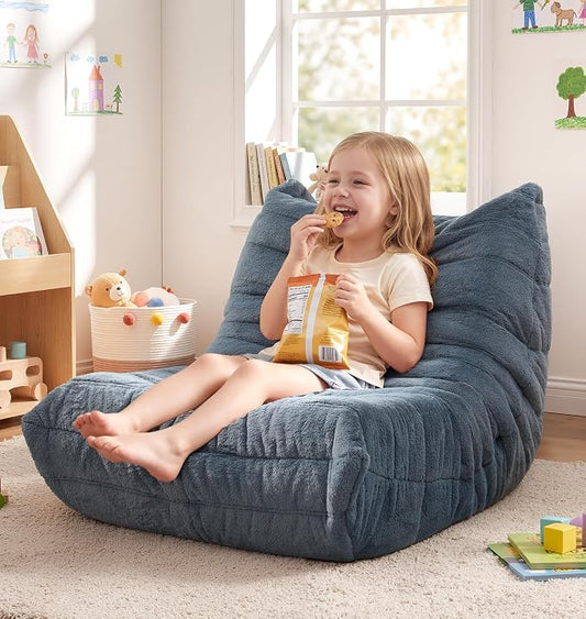 Hobestluk Small Bean Bag Chair Faux Fur Fabric BeanBag Couch for Playroom | Bluegrey Plush,Ergonomic Design,Memory Foam,Strong Supportive,No Assembly Required,Decorative Style for Living Room Bedroom