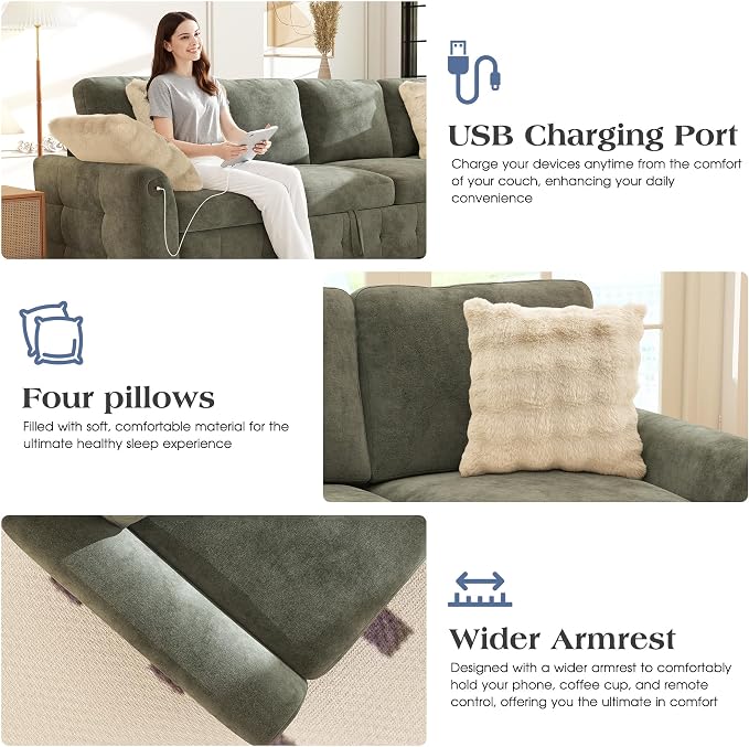 Ihanherry L-Shaped Sectional Sofa Bed with Storage, 5-Seater Convertible Pull Out Sleeper Sofa with USB Charging Ports, 4 Pillows & Wide Armrests, Chenille Fabric for Living Room, Apartment（Gray）