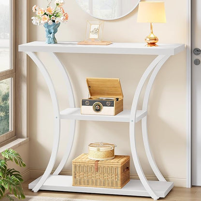 Hoctieon 3 Tier Console Table with Open Wood Shelves, Decorative Entryway Table with Curved Metal Frames, Narrow Sofa Table for Entrance, Living Room, Hallway, White