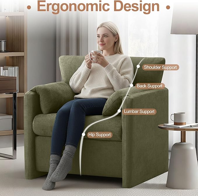 Oversized Accent Chair for Living Room, 32.68" Modern Armchair Set of 2 with Deep Seat, Mid-Century Comfy Reading Chair with Padded Arms, Large Chenille Single Sofa Chairs for Bedroom, Green