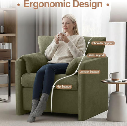 Oversized Accent Chair for Living Room, 32.68" Modern Armchair Set of 2 with Deep Seat, Mid-Century Comfy Reading Chair with Padded Arms, Large Chenille Single Sofa Chairs for Bedroom, Green