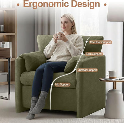 Oversized Accent Chair for Living Room, 32.68" Large Modern Armchair with Deep Seat, Mid-Century Comfy Reading Chair with Padded Arms, Chenille Single Sofa Chairs for Bedroom, Green