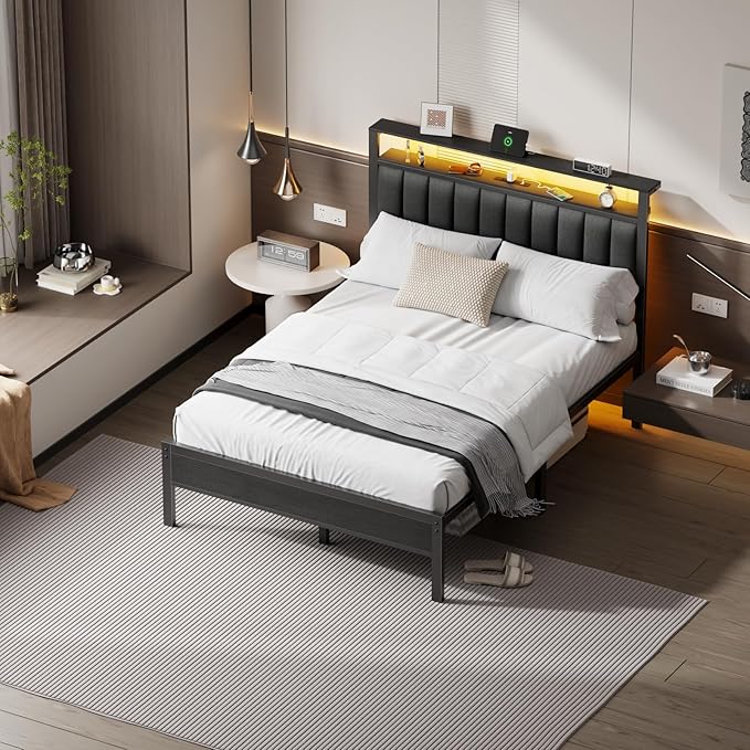 Furnulem Queen Size Bed Frame with Charging Station and LED Lights, Platform Bed with Metal Slats, Grey Upholstered Headboard with 2-Tier Storage Shelves, No Box Spring Needed