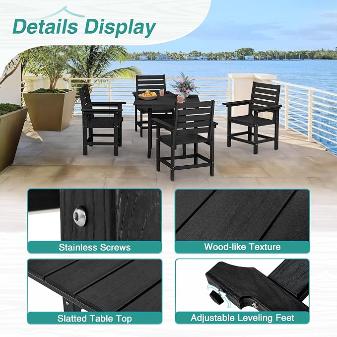 5 Piece Patio Dining Set, 35" Square HDPE Weather Resistant Outdoor Table & 4 Patio Chairs Set with 1.96" Umbrella Hole, Heavy Duty for Small Space Backyard Balcony, Black