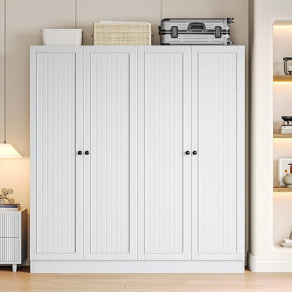iPormis 4 Doors Armoire Wardrobe Closet with 2 Drawers, 63" Large Wardrobe Cabinet with Removable Hanging Rods and Adjustable Shelves, Closet Storage Cabinet for Bedroom, Cloak Room, White