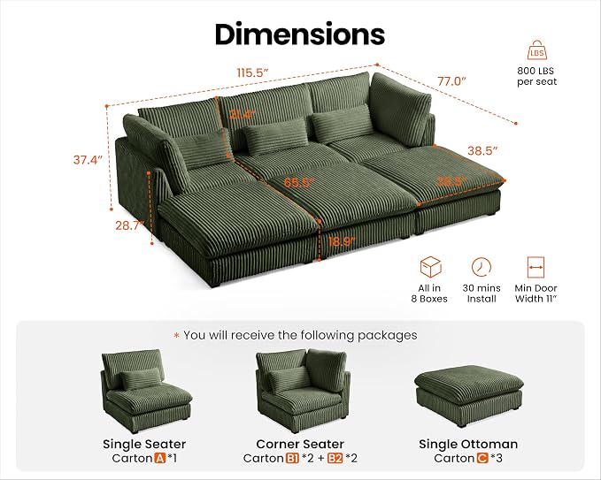 115" Oversized Corduroy Couch Modular Sectional Sofa, Washable Cloud Couch Sectional with 3 Ottoman, 6 Seater Sectional Couches for Living Room, Fully Cover Removable, Sleeper Sofa, Corduroy, Green
