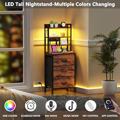 Furnulem Night Stand Set 2, 45.3" Tall Bedside End Table, Rustic Brown | RGB LED Lights, 4-Tier Storage Shelves & 3 Fabric Drawers, Metal Frame, Wood Desktop, Easy Assembly for Bedroom Dorm Hallway