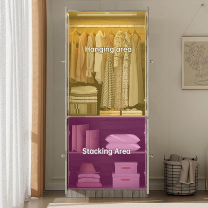 VOWNER 75" Tall Armoire Wardrobe Closet with Drawers & Lights, Clothing Storage Cabinet with 2 Glass Doors & Hanging Rod, Wooden Armoire Storage Cabinet for Bedroom (Grey Oak, 75''H)