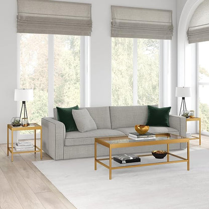 Henn&Hart 20" Wide Square Square Side Table in Brass, Table for Living Room, Bedroom | Two-tiered glass shelves with a metal frame, offering open display space for living rooms, offices, or bedrooms
