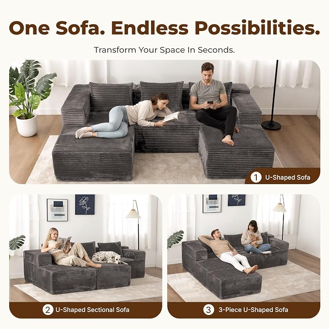 Modular Sectional U-Shaped Sofa with Deep Seat, Modern Boneless Comfy Corduroy Fluffy Couch with Side Pockets and Anti-Slip & Floor-Friendly Bottom for Living Room, No Assembly, Dark Grey