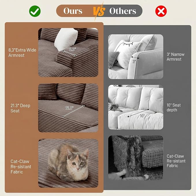 95" L Shaped Cloud Boneless Sectional Couches for Living Room, Modern Comfy Modular Deep Seat Memory Foam Compressed Corduroy Sofa Oversized Right Facing Chaise, No Assembly Required, Brown