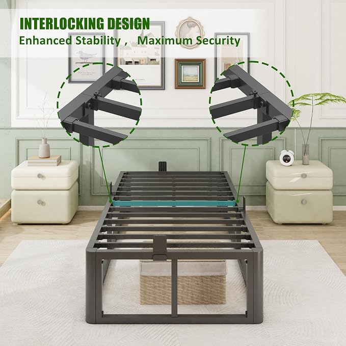 Bilily Metal Heavy Duty 14 inch Twin Bed Frame with Rounded Corner and Headboard Hole Mattress Retainers 3500 LBS No Box Spring Needed Platform Noise Free Easy Assembly