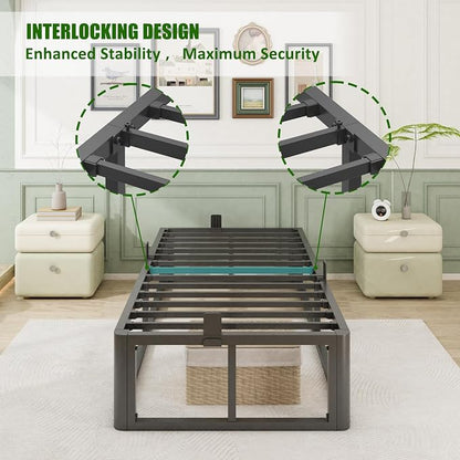 Bilily Metal Heavy Duty 14 inch Twin Bed Frame with Rounded Corner and Headboard Hole Mattress Retainers 3500 LBS No Box Spring Needed Platform Noise Free Easy Assembly
