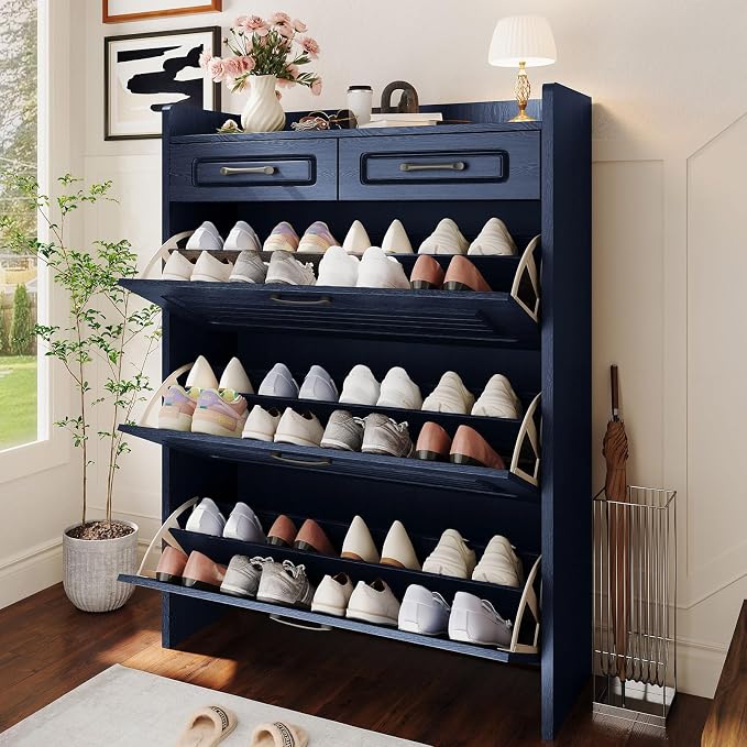 Shoe Cabinet with 3 Large Flip Drawers and 2 Storage Drawers, Narrow Shoe Organizer Cabinet Fits for Kinds of Shoes, Hidden Shoe Storage Cabinet for Entryway, Hallway, Blue