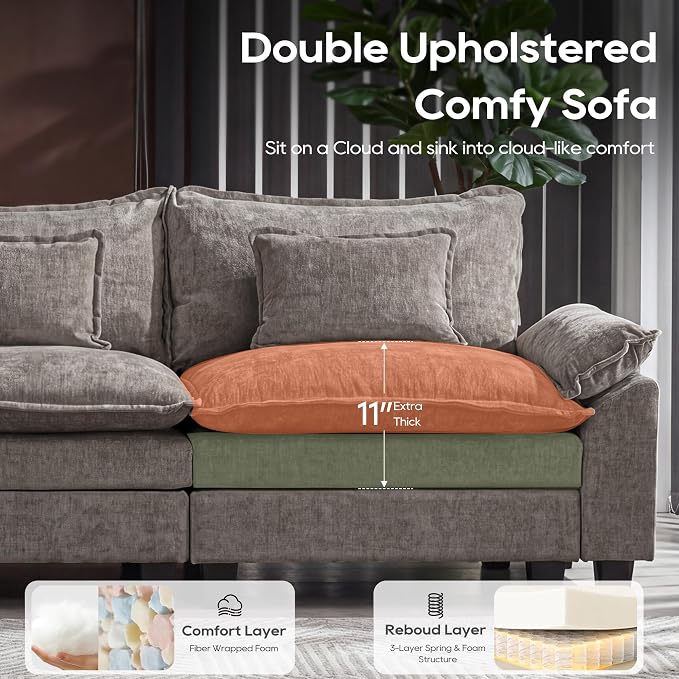 URRED Oversized Modular Sectional Sofa, 87" L Shaped Modern Comfy Cloud Couch with Movable Ottoman & Pillows, Deep Seat Couches for Living Room, Bedroom or Apartment (Chenille Gray, 87" L Shaped)