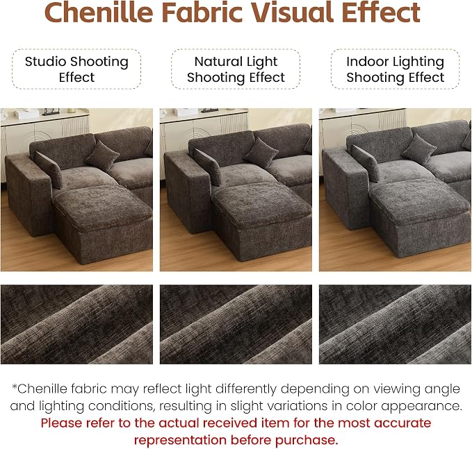 146''Cloud Boneless Sectional Couch, Modular Sectional Sofa Deep Seat with Ottoman, Oversized Upholstered Convertible Comfy 5 Seater Chenille Sofa L Shape Couches for Living Room, Brown