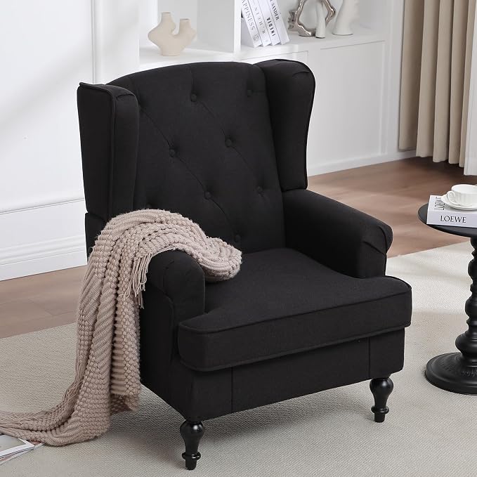 Accent Chair Set of 2, Mid Century Modern Fabric Wingback Chair, Upholstered Armchair with High Back and Vintage Legs, Comfy Single Sofa Side Reading Chair for Living Room Bedroom, Black
