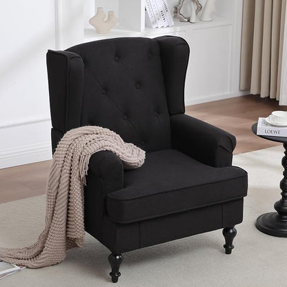 Accent Chair Set of 2, Mid Century Modern Fabric Wingback Chair, Upholstered Armchair with High Back and Vintage Legs, Comfy Single Sofa Side Reading Chair for Living Room Bedroom, Black