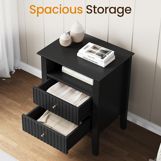 RoyalCraft Black Fluted Nightstand with 2 Drawers, Colorful Nightstand for Bedroom, Modern Wooden End Table with Storage for Small Spaces, Tall Side Sofa Table for Couch, Home Office