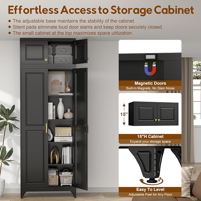 UNICOLY 90.8" H Kitchen Pantry Cabinet, Tall Storage Cabinet with Doors and 4 Shelves, Metal Storage Cabinets for Kitchens, Living Room, Dinning Room, Assembly Required, Black