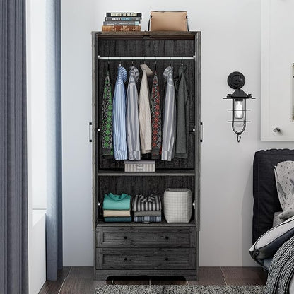 Yechen 71" Wooden Armoire Wardrobe Closet Set of 2- Modern Functional Clothes Tall Storage Cabinet with Adjustable Shelf and Hanging Rail, Sturdy Freestanding Closet with 2 Wide Drawers (Grey)