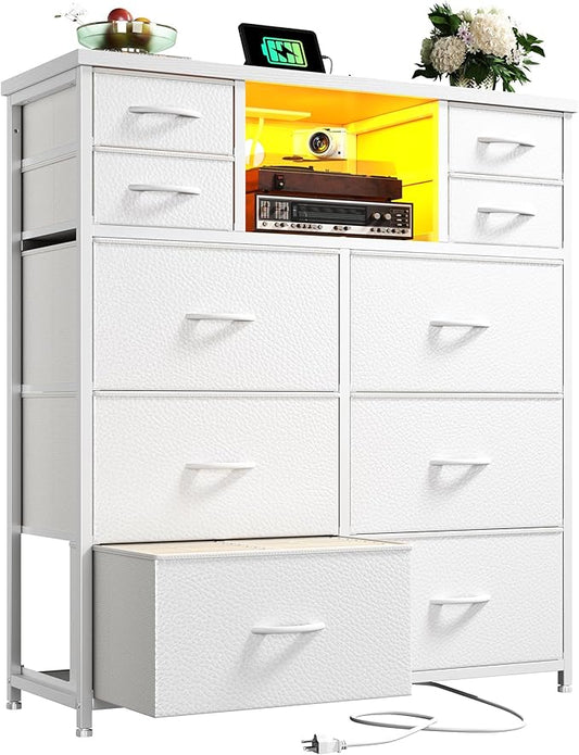Romorgniz White Dresser for Bedroom with LED Lights & Power Outlets 2 AC & 2 USB, Fabric 10 Drawer Dressers & Chest of Drawers with Open Shelves for Hallway Living Room Closet, Metal Frame, Wood Top