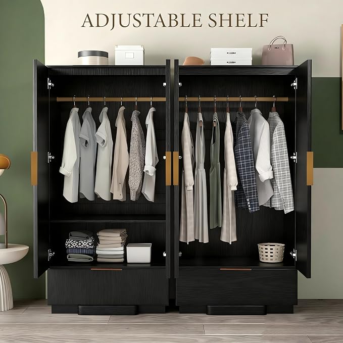 Brafab 67" Fluted Armoire Wardrobe Closet Set of 2 with Drawers and Doors, Wooden Wardrobe Cabinet with Adjustable Shelves, Modern Storage for Clothes, Coats for Bedroom,Black(2 pcs)