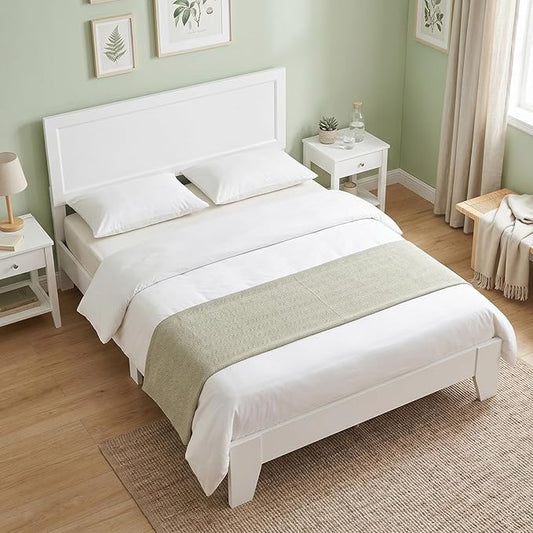 KOMFOTT Queen Size Bed Frame, Modern Platform Bed with Headboard, Wooden Slat Support Mattress Foundation, Under-Bed Storage Space, No Box Spring Needed(White,Queen)