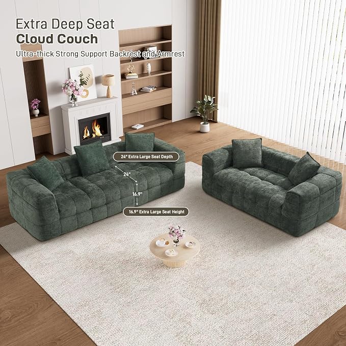 DAMAIFROM Chenille Cloud Sofa Couch Set with 5 Soft Pillows,Comfy Upholstered Chenille LoveSeat Sofa Set,Modern Deep Seat Sherpa Cloud Couch, Oversized Love Seat for Living Room,Olive Green
