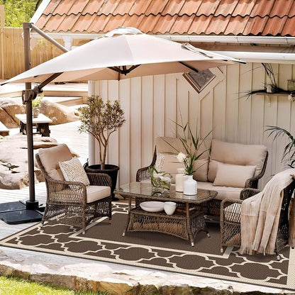 GENIMO Outdoor Rug 8' x 10' Patio Waterproof, Foldable Reversible Plastic Straw Area Rugs Mat for Camper Decor, Outside Carpet for Rv, Deck, Porch, Picnic, Beach, Balcony, Coffee & Beige