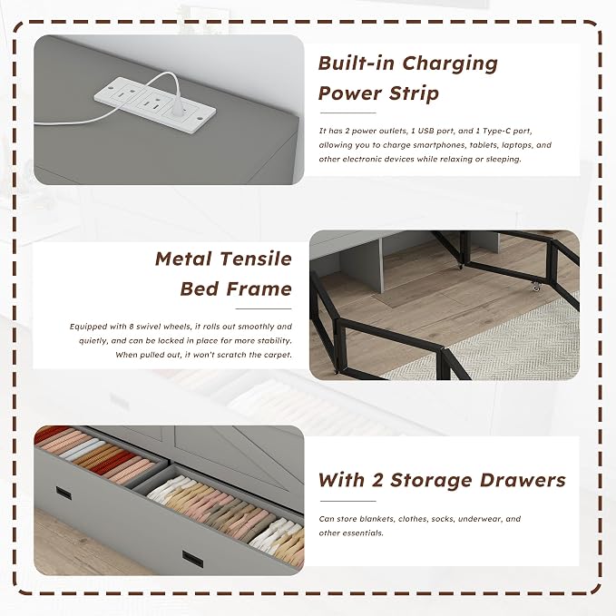 Bellemave Full Murphy Bed with Mattresses and Charging Stations and Storage Drawer, Farmhouse Murphy Cabinet Bed with Foldable Panel, Noisy Free, for Guest Bedroom, Living Room, Gray