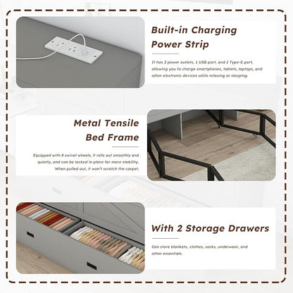 Bellemave Full Murphy Bed with Mattresses and Charging Stations and Storage Drawer, Farmhouse Murphy Cabinet Bed with Foldable Panel, Noisy Free, for Guest Bedroom, Living Room, Gray