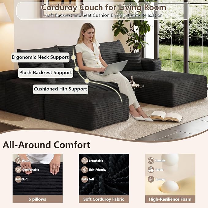 95" Cloud Sectional Couch U-Shaped Chaise with Ottoman, Corduroy Boneless Couch for Living Room Bedroom, Deep-Seat Upholstered Modular Cloud Sofa, No Assembly Required (Black, Right Facing Chaise)