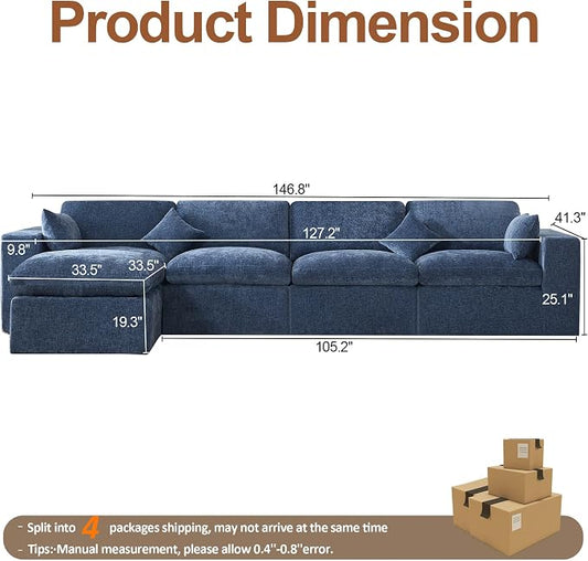 146''Cloud Boneless Sectional Couch, Modular Sectional Sofa Deep Seat with Ottoman, Oversized Upholstered Convertible Comfy 5 Seater Chenille Sofa L Shape Couches for Living Room, Blue