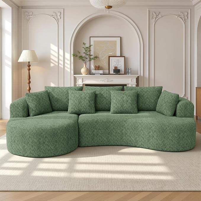 Luxanimarion 124" Curved Modular Sectional Sofa Oversized, L-Shape Boneless Couches for Living Room with Deep Seat and 7 Pillows, High-Density Memory Foam, Green Chenille Fabric, No Assembly Required