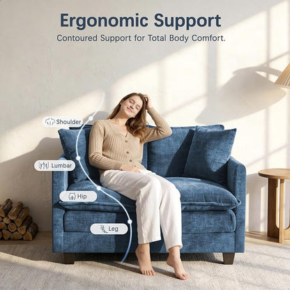 Loveseat Sofa, 52''Modern Cloud Sofa Couch with 27" Deep Seat & 2 Pillows, Comfy Chenille Small Couch for Small Spaces, Apartment, Studio, Bedroom, Living Room (Blue, Loveseat)