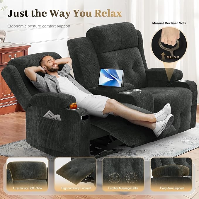 Fabric Reclining Loveseat, Massage Loveseat Recliner Sofa Heavy Weight Capacity, RV Love Seat Chair Clearance with Console, USB, Type C Port, Storage, Cup Holders, Wall Hugger Couch for Living Room