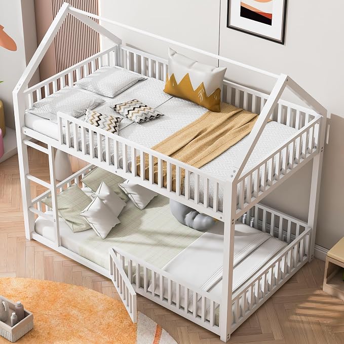 RuiSiSi Metal Bunk Bed Twin Over Twin, Floor House Bunk Bed with Safety Guardrails and Roof for Kids Teens, Twin Bunk Beds for Bedroom, No Box Spring Needed, White