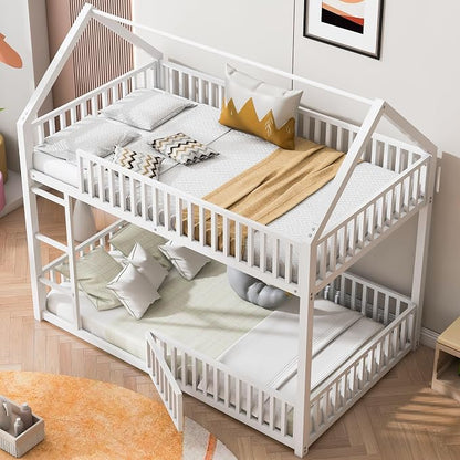 RuiSiSi Metal Bunk Bed Twin Over Twin, Floor House Bunk Bed with Safety Guardrails and Roof for Kids Teens, Twin Bunk Beds for Bedroom, No Box Spring Needed, White