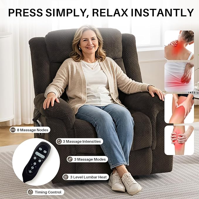 Massage Recliner Chair with Heat, Velvet Recliner Chairs for Adults, 39" Wide Manual Reclining Ergonomic Lounge Chair, Overstuffed Wall Hugger Recliners for Living Room, Chocolate Brown