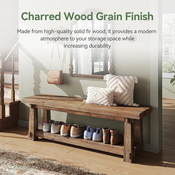 55" Solid Wood Entryway Bench with Shoe Storage, Rustic Charred Wood Grain Foyer Bench with Open Shelf for Hallway, Mudroom, Bedroom, Easy Assembly