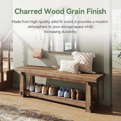 55" Solid Wood Entryway Bench with Shoe Storage, Rustic Charred Wood Grain Foyer Bench with Open Shelf for Hallway, Mudroom, Bedroom, Easy Assembly