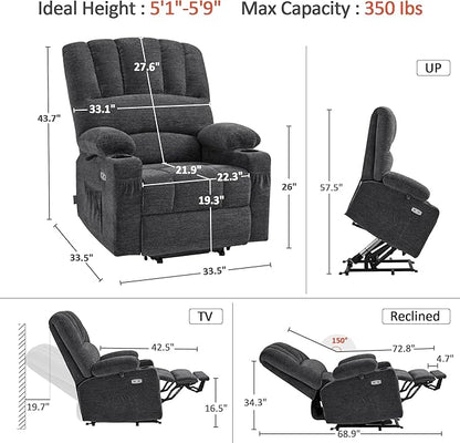 MCombo Power Lift Recliner Chair for Elderly, Lift Chair with Heat and Massage, USB &Type C Ports, Cup Holders, Fabric 7095 (Medium, Dark Grey)