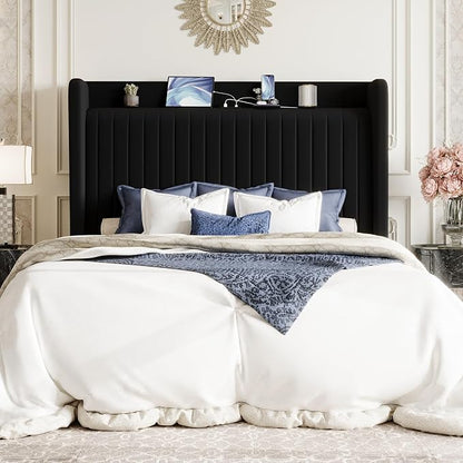 SHA CERLIN Full Size Velvet Bed Frame with USB Charging Station, Wingback Storage Headboard, Upholstered Platform Bed with Wooden Slats Support, No Box Spring Needed, Easy Assembly, Black