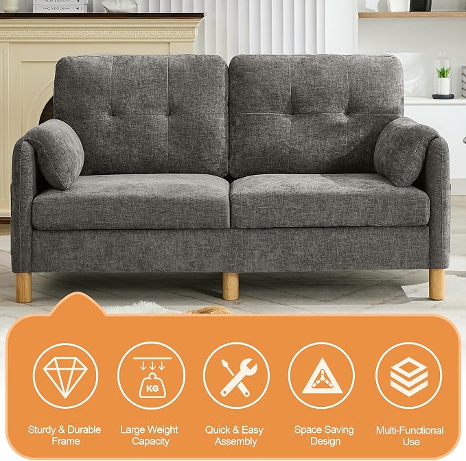WUTUTUEE 65" Chenille Modern Loveseat Sofa, Upholstered 2-Seater Love Seat Couch with Armrest Pillows, Storage Pockets, Easy Assembly, Tufted Loveseat Couches for Living Room Bedroom, Light Grey