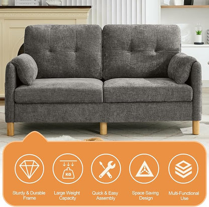 WUTUTUEE 65" Chenille Modern Loveseat Sofa, Upholstered 2-Seater Love Seat Couch with Armrest Pillows, Storage Pockets, Easy Assembly, Tufted Loveseat Couches for Living Room Bedroom, Light Grey