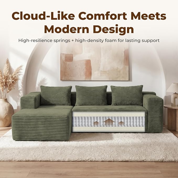 Modular Sectional L-Shaped Sofa with Deep Seat, Modern Boneless Comfy Corduroy Fluffy Couch with Side Pockets and Anti-Slip & Floor-Friendly Bottom for Living Room, No Assembly, Green