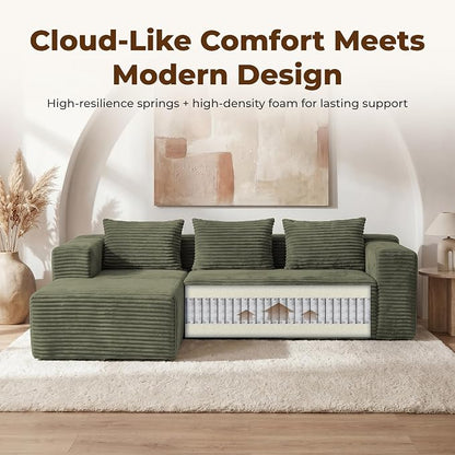 Modular Sectional L-Shaped Sofa with Deep Seat, Modern Boneless Comfy Corduroy Fluffy Couch with Side Pockets and Anti-Slip & Floor-Friendly Bottom for Living Room, No Assembly, Green