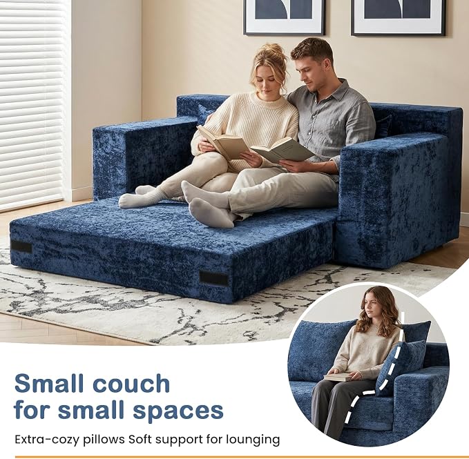 Boneless Loveseat Sofa Bed, 3-in-1 Convertible Sofa Bed Sleeper Sofa Floor Futon Couch for Living Room, Velvet-Blue