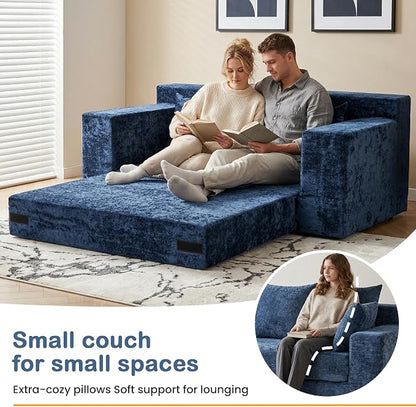 Boneless Loveseat Sofa Bed, 3-in-1 Convertible Sofa Bed Sleeper Sofa Floor Futon Couch for Living Room, Velvet-Blue